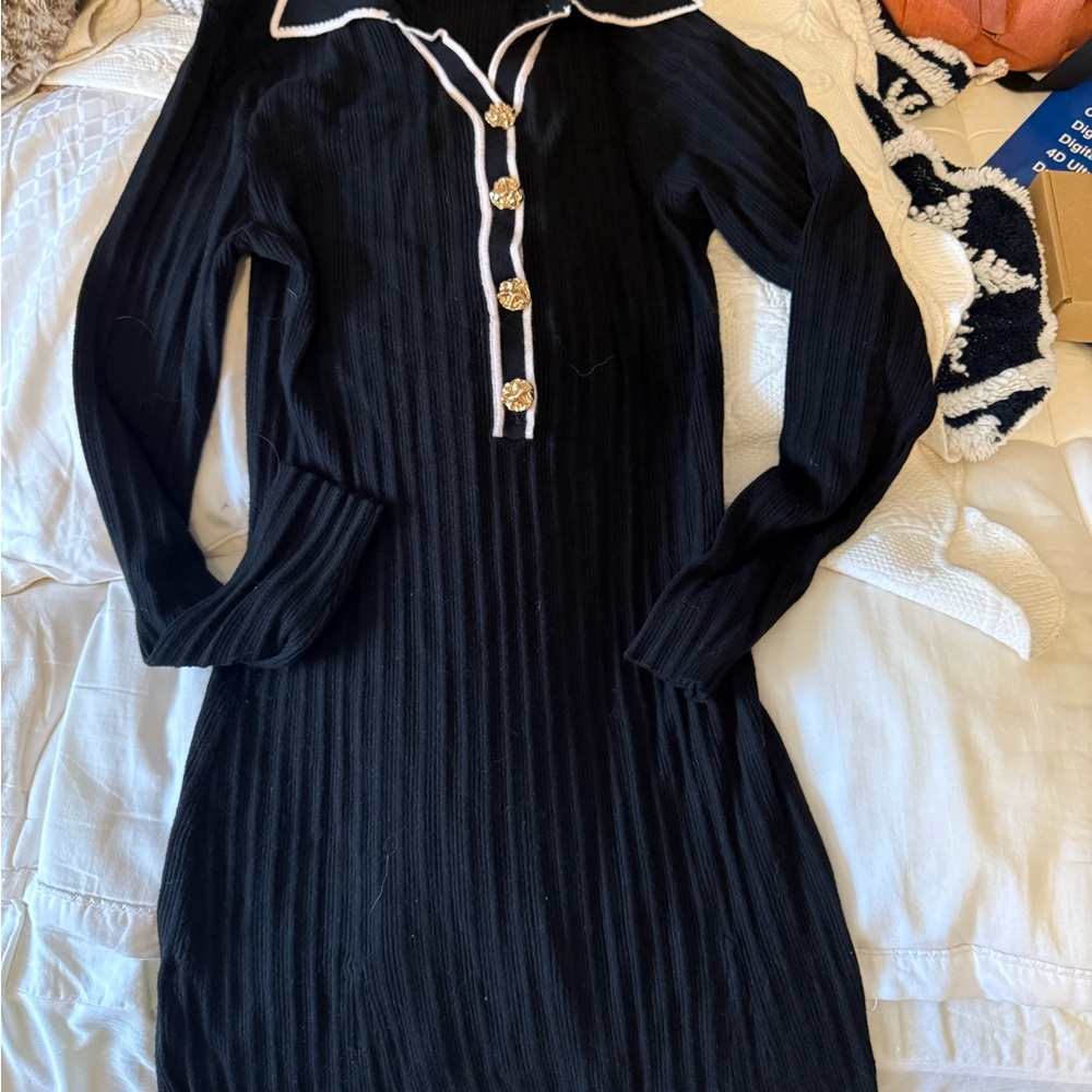 Elegant Black Ribbed sweater Dress with Gold Button Accents
